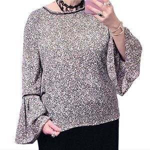 LOFT Pink Black Floral Crochet Trim Long Bell Sleeves Boho Blouse Large